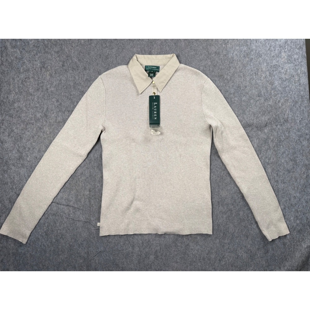 Lauren Ralph Lauren Sweater Womens M Beige Cotton Ribbed Knit Polo Preppy Chic